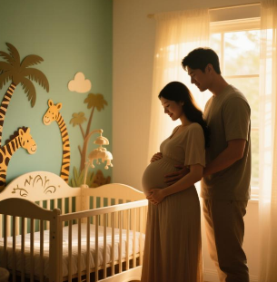 Capa da música Benício — Nosso Sonho, Nosso Amor: pais esperando a chegada do bebê em um quarto infantil com decoração de safari